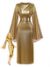 Robe à manches chauve-souris et taille froncée ornée de feuilles d'or années 1970
