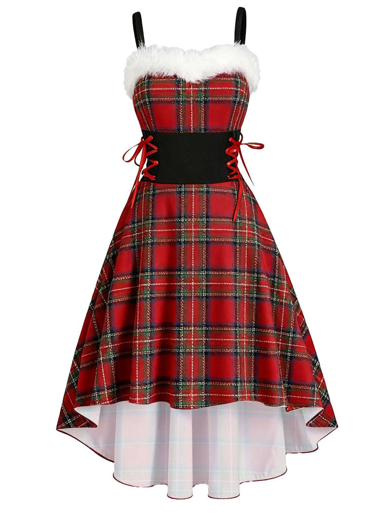 Robe de Noël tartan à ourlet asymétrique bordé de fourrure des années 1950