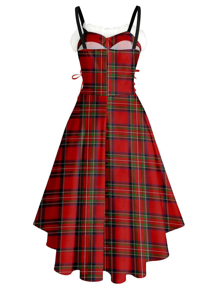 Robe de Noël tartan à ourlet asymétrique bordé de fourrure des années 1950