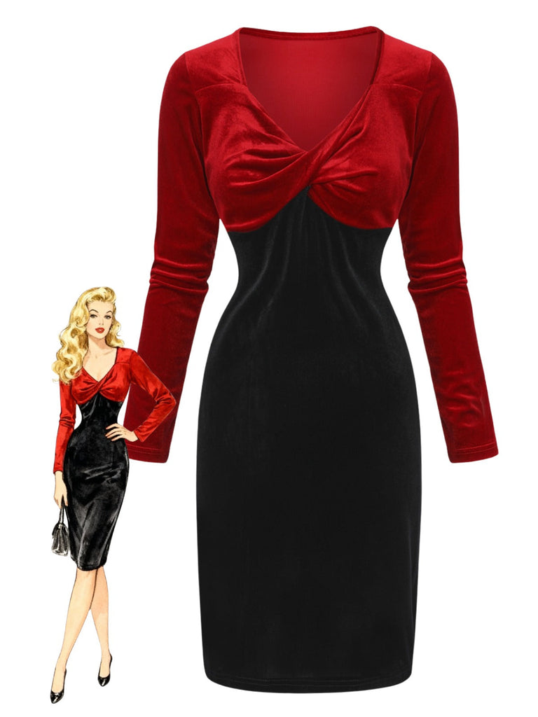 Robe moulanteen velours col en V torsadé rouge et noire des années 1960