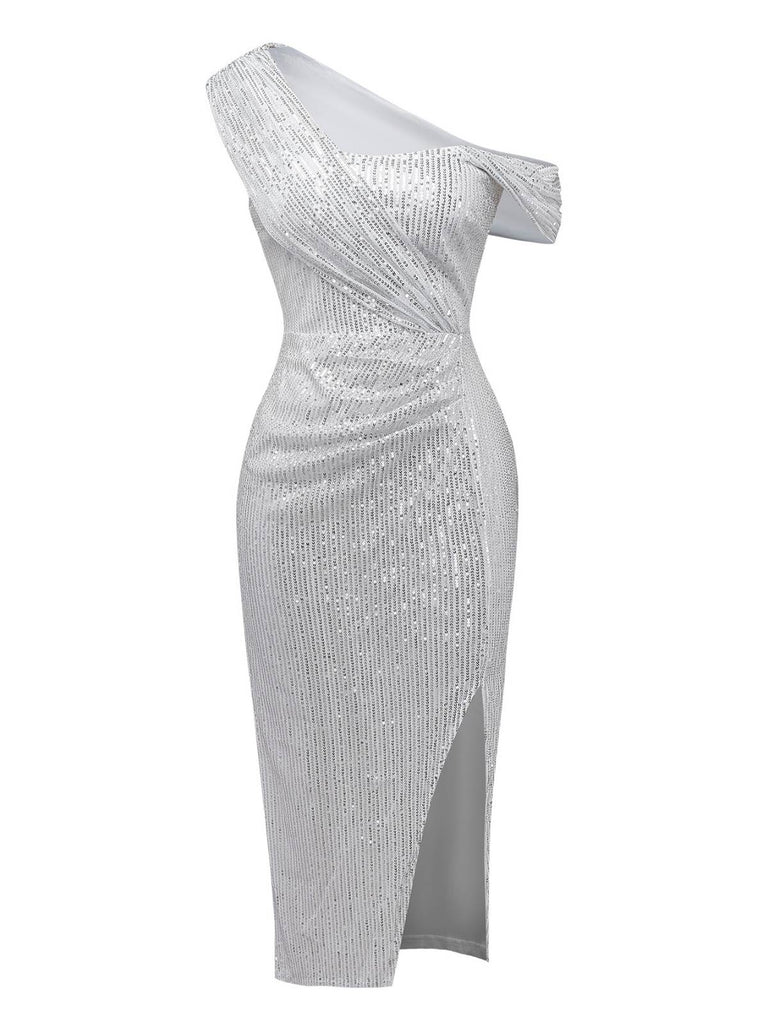 Robe argentée à paillettes asymétrique une épaule et fendue sur le côté années 1920