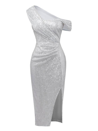 Robe argentée à paillettes asymétrique une épaule et fendue sur le côté années 1920