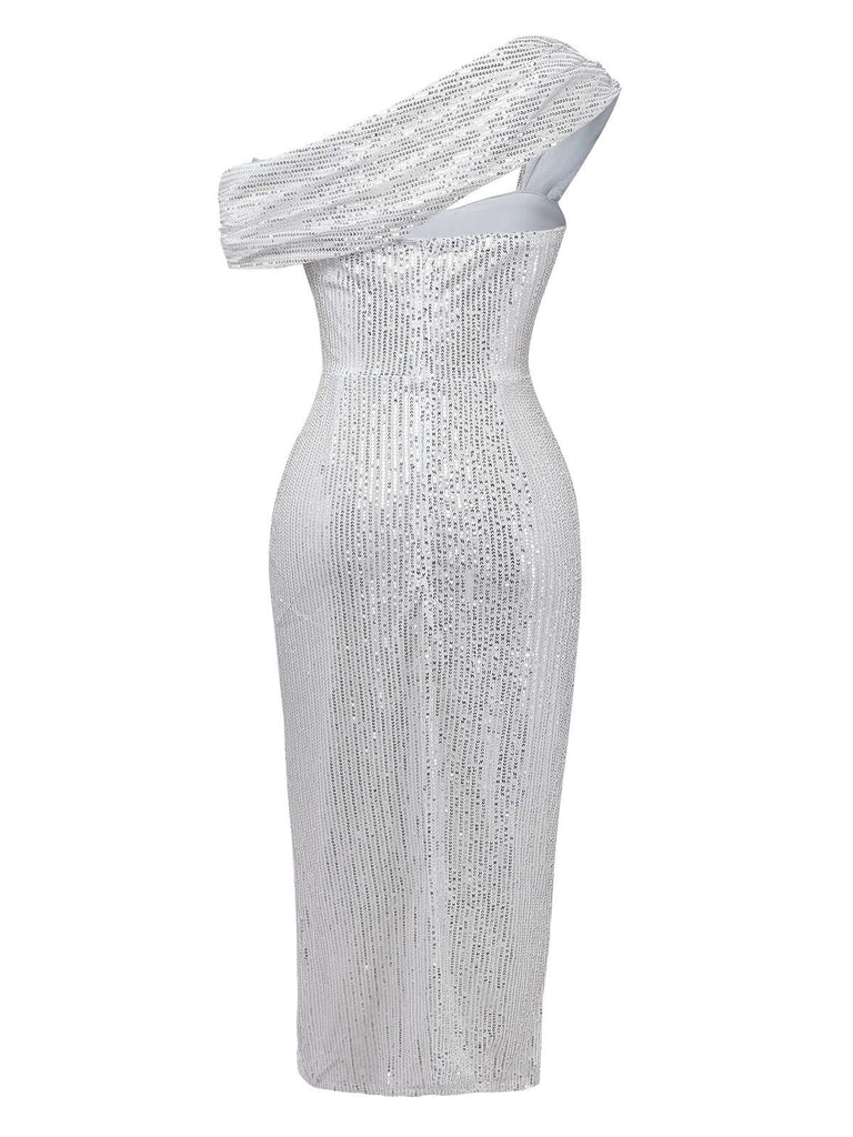 Robe argentée à paillettes asymétrique une épaule et fendue sur le côté années 1920