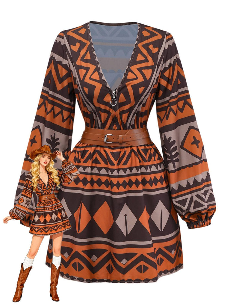 Robe bohème marron à imprimé tribal et décolleté en V profond style années 1970