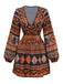 Robe bohème marron à imprimé tribal et décolleté en V profond style années 1970