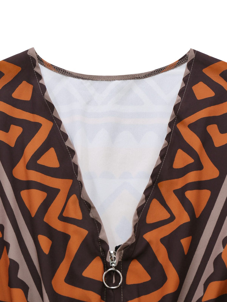Robe bohème marron à imprimé tribal et décolleté en V profond style années 1970
