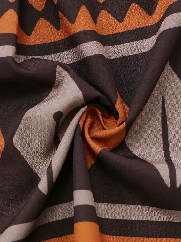 Robe bohème marron à imprimé tribal et décolleté en V profond style années 1970