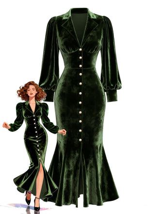Robe sirène en velours vert ornée de perles manches lanternes années 1930