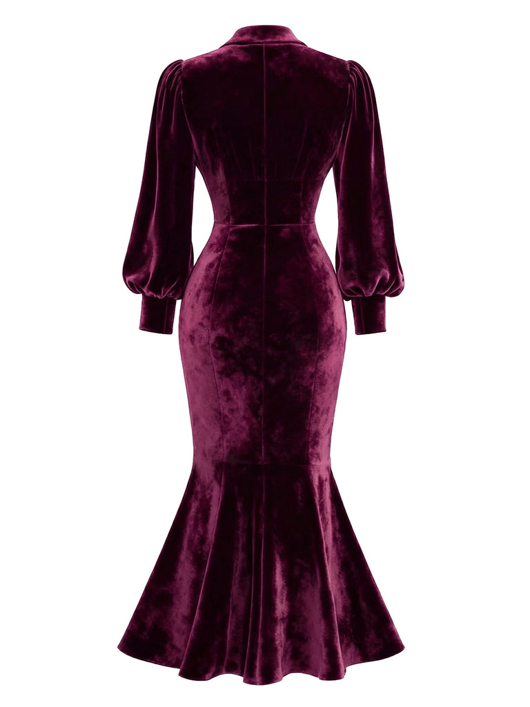 Robe sirène en velours rouge manches lanternes années 1930