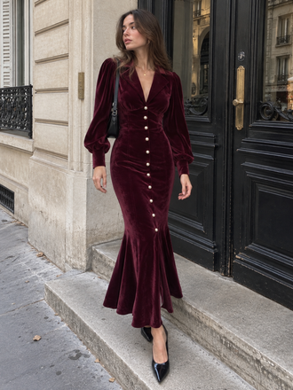 Robe sirène en velours rouge manches lanternes années 1930