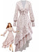 Robe multicolore à fleurs col en V et ourlet à volants irréguliers des années 1940