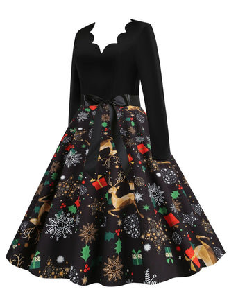 Robe noire imprimé de Noël col à pétales et ceinture années 1950