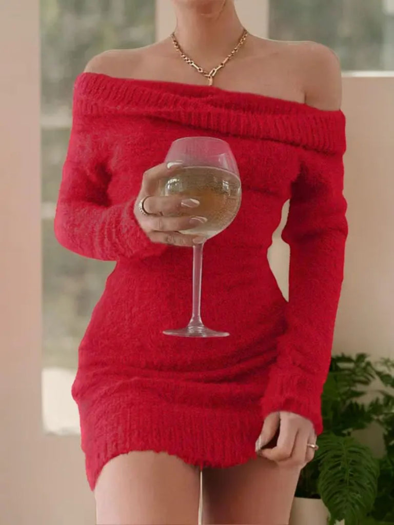 Robe à épaules dénudées manches longues en mohair des années 1980