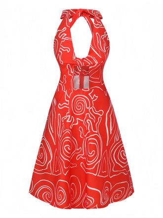 Robe dos nu rouge à imprimé abstrait découpes et torsades années 1960