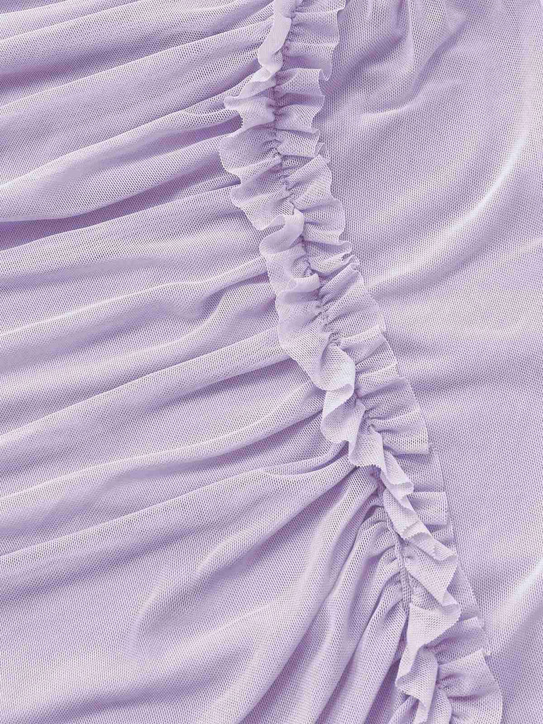 Robe asymétrique violette à volants et à une épaule en maille années 70