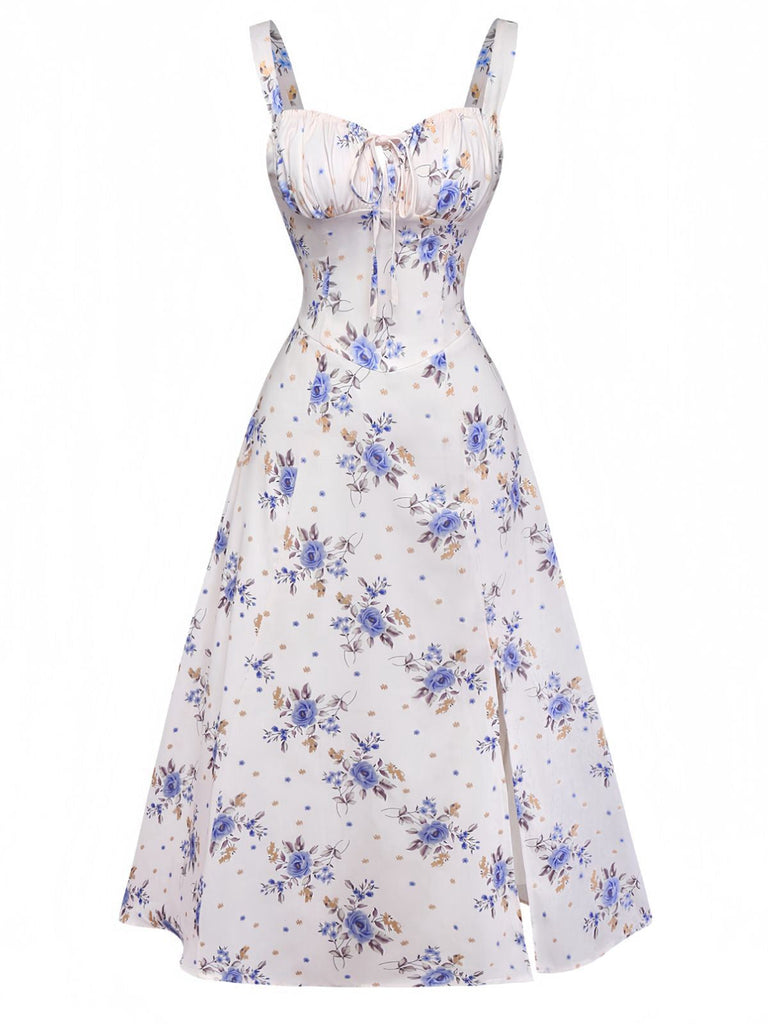 Robe beige à fleurs avec lacets et fente latérale années 1950