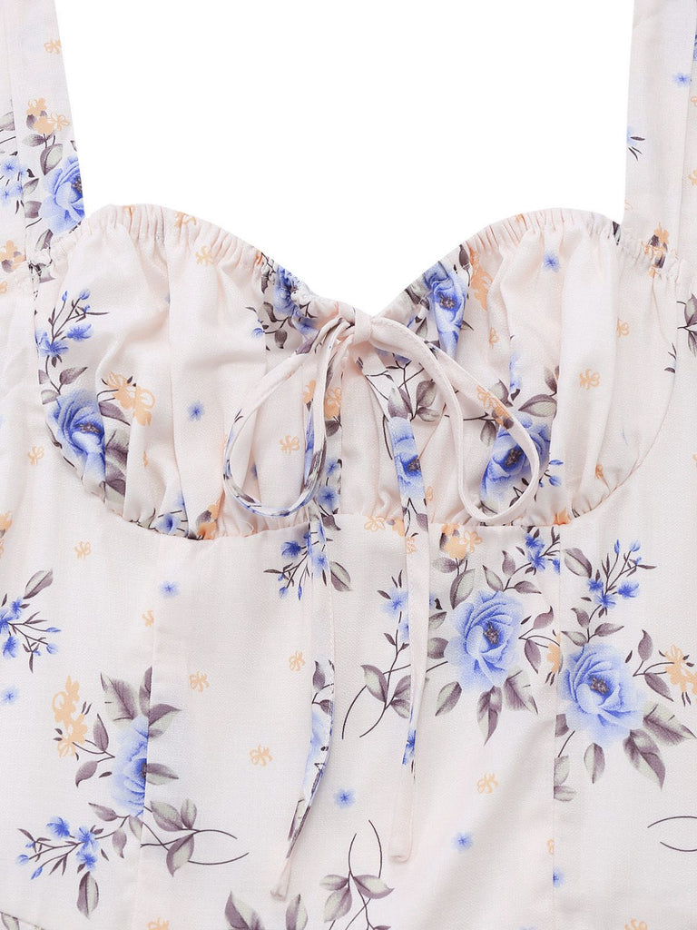 Robe beige à fleurs avec lacets et fente latérale années 1950
