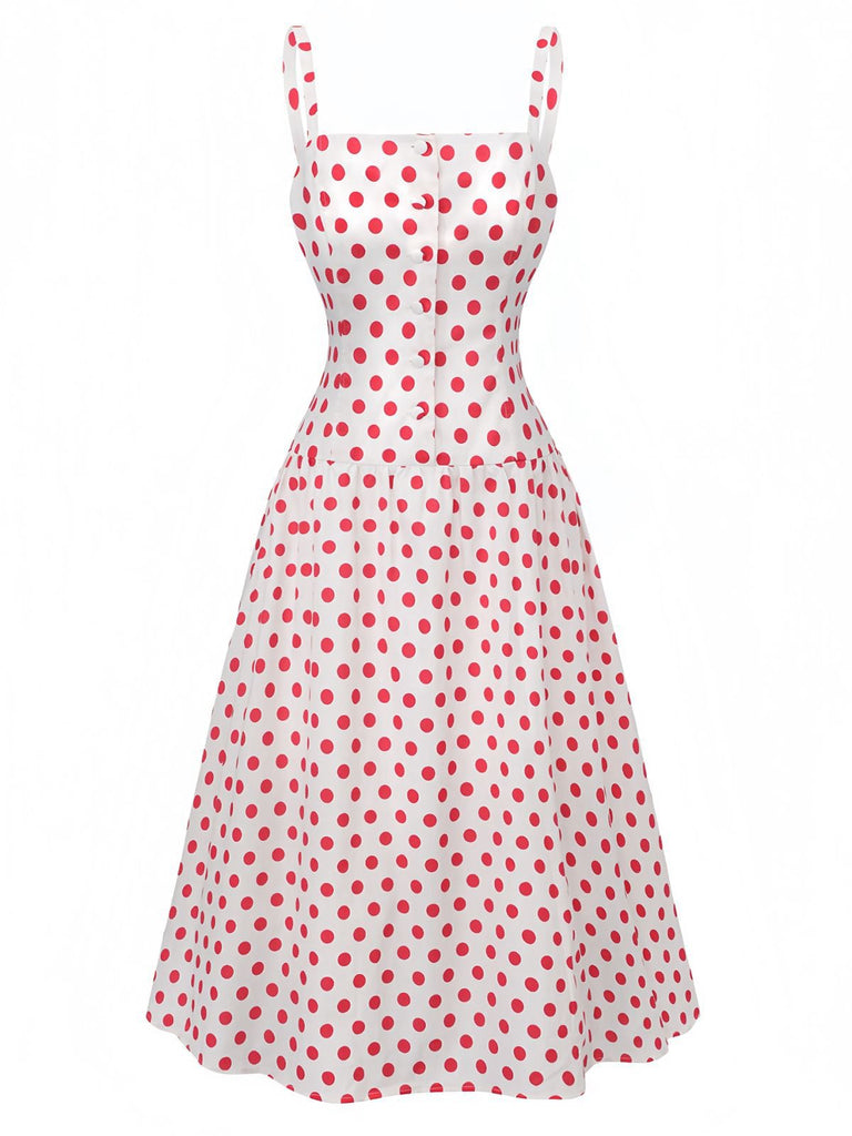 Robe Rouge Pois Col Carré Bretelles Larges Années 50