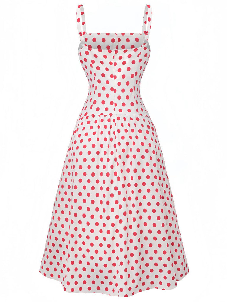 Robe Rouge Pois Col Carré Bretelles Larges Années 50