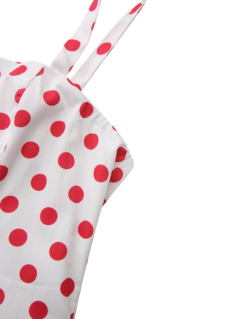 Robe Rouge Pois Col Carré Bretelles Larges Années 50