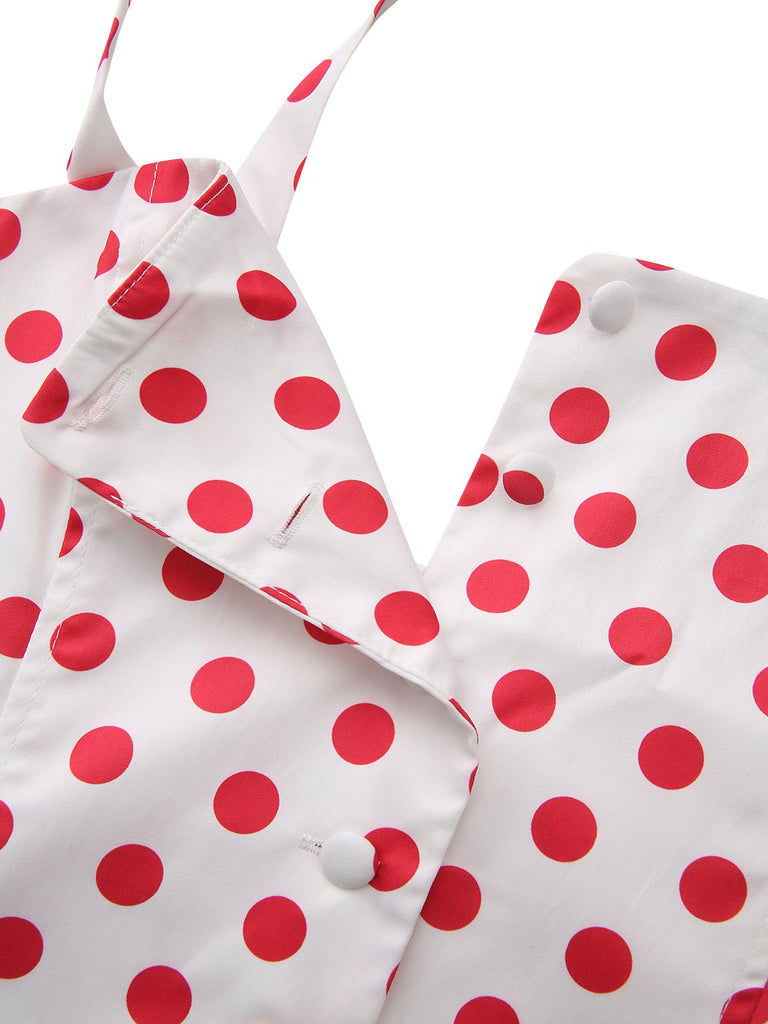 Robe Rouge Pois Col Carré Bretelles Larges Années 50