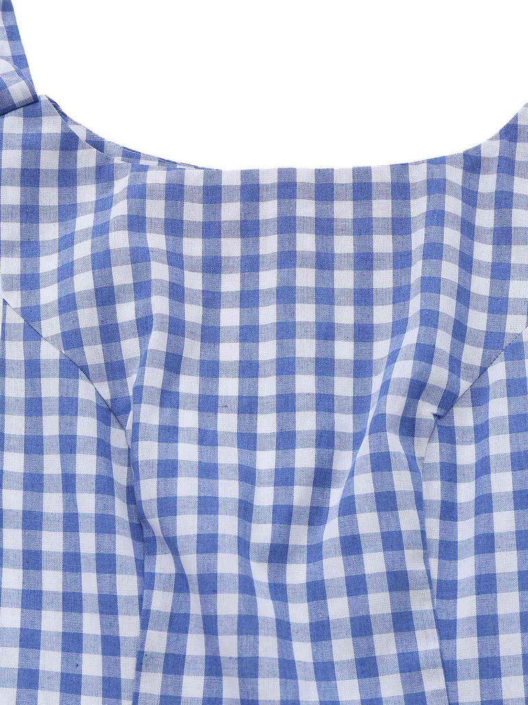 Robe empire bleue à carreaux vichy bretelles nouées sur les épaules années 1960