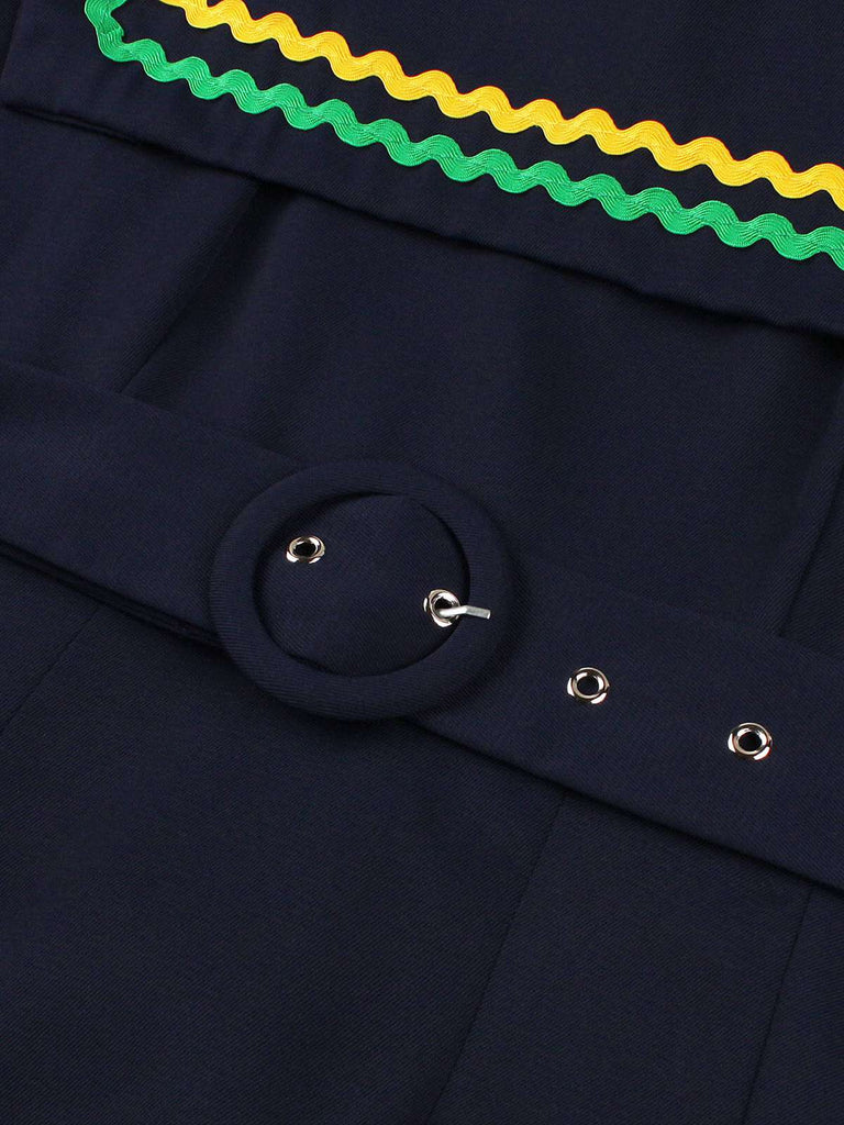 Robe sans manches à rayures ondulées bleu marine col carré années 1950