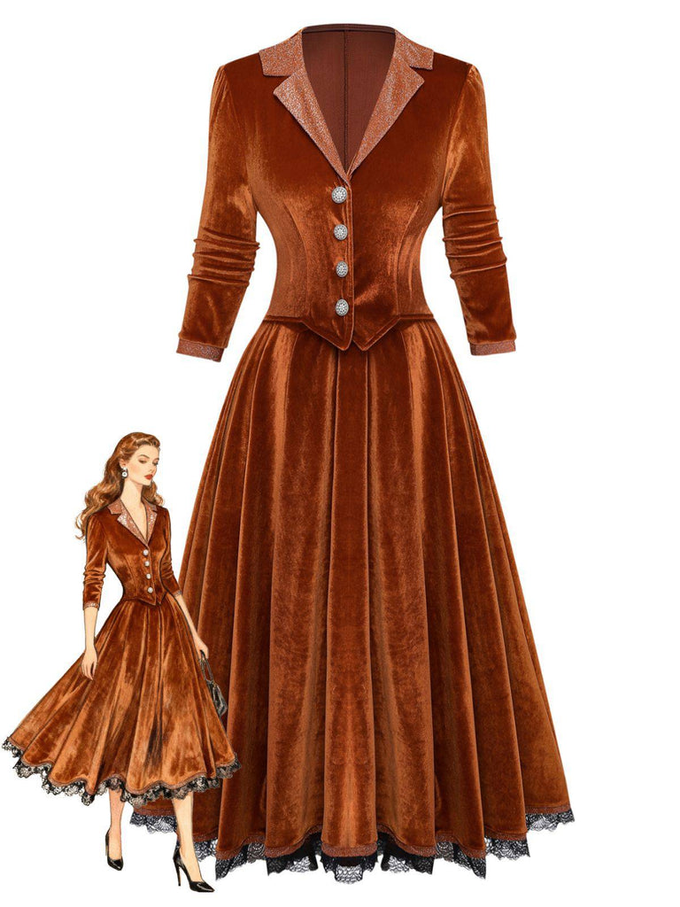 Robe unie marron à revers en velours deux-pièces années 1940