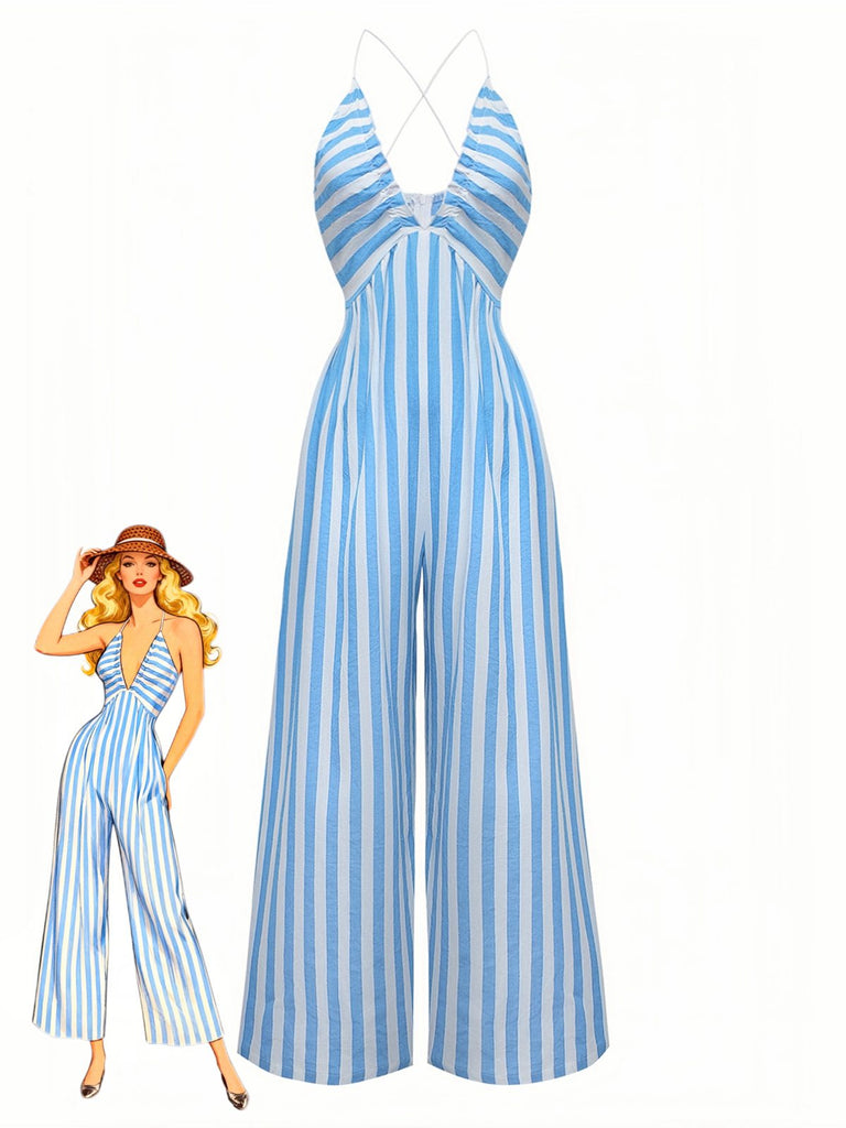 Combinaison rayée bleue à décolleté plongeant en V années 1980