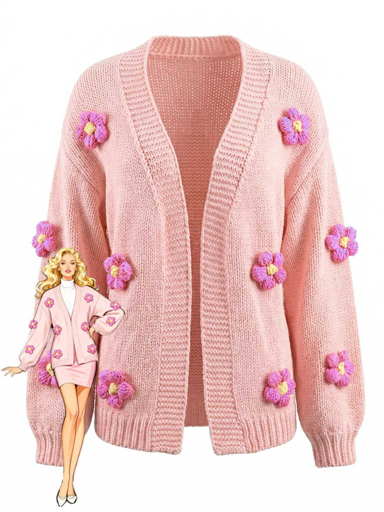 Gilet en maille manches longues motif marguerite 3D années 1930