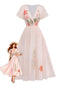Robe rose col V manches à volants imprimé floral années 1940