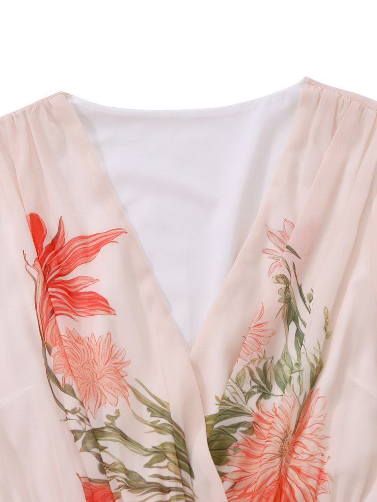 Robe rose col V manches à volants imprimé floral années 1940
