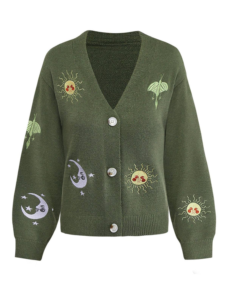 Gilet tricoté à manches lanternes brodées soleil et lune des années 1980