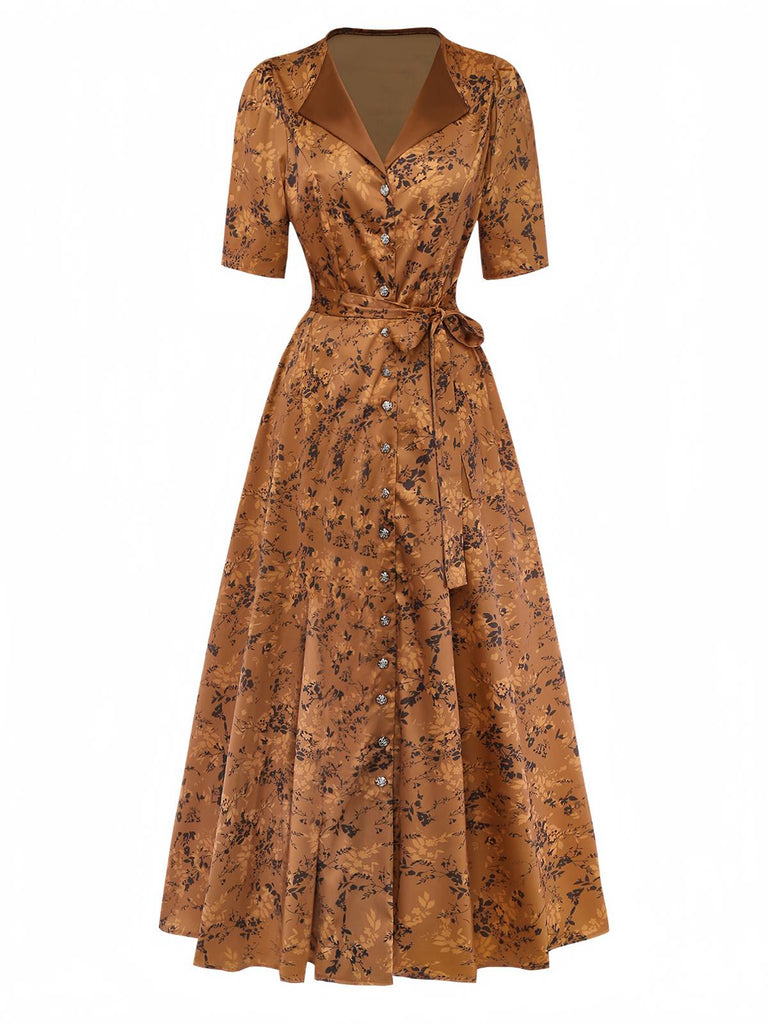 Robe Maxi Marron Motifs Floraux Discrets Années 1930