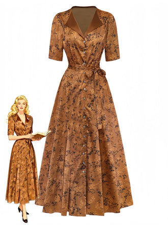 Robe Maxi Marron Motifs Floraux Discrets Années 1930