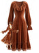 Robe marron en velours côtelé uni à volants et dentelle années 1940