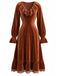 Robe marron en velours côtelé uni à volants et dentelle années 1940