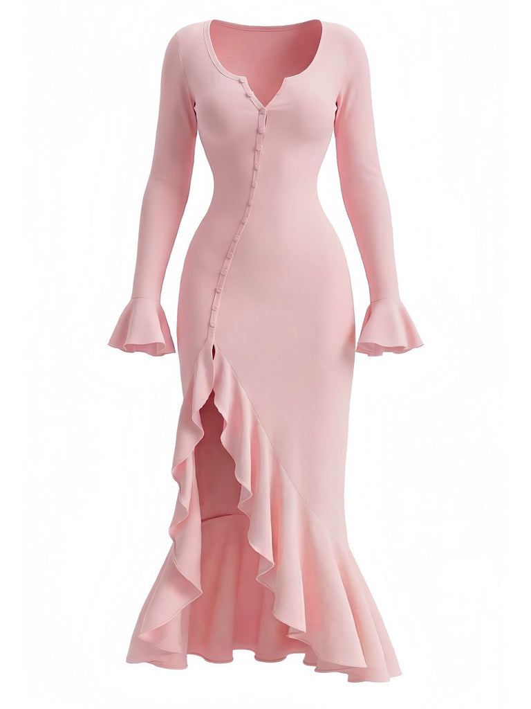 Robe sirène à volants boutons et fente latérale des années 1930