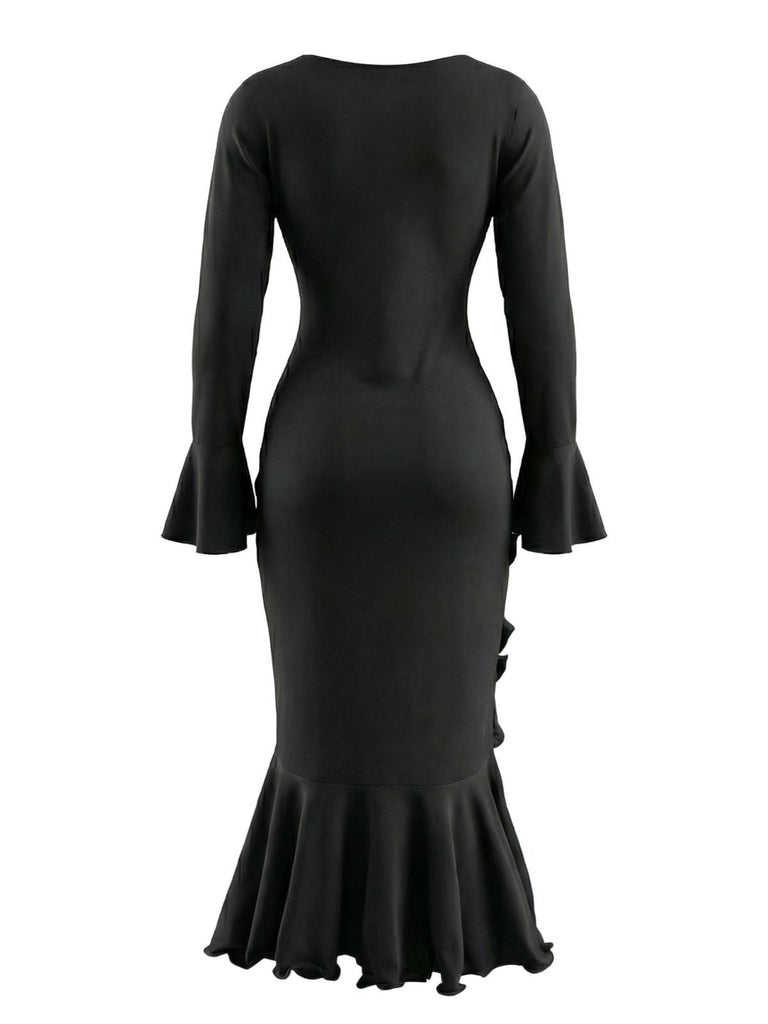 Robe sirène à volants boutons et fente latérale des années 1930