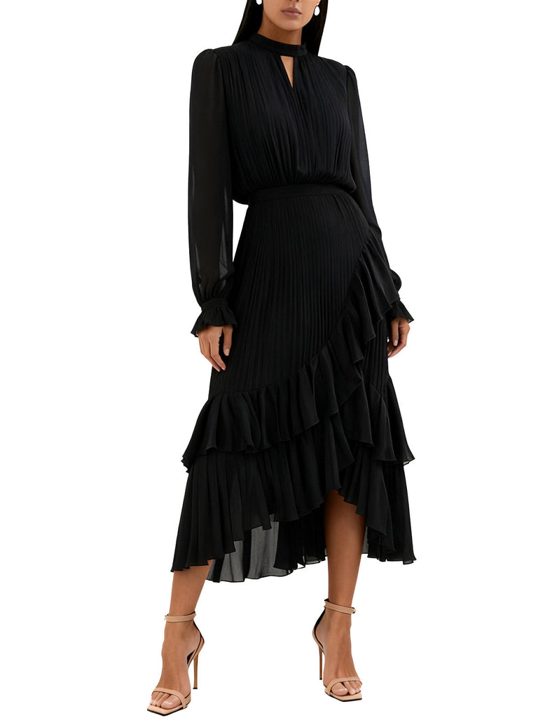 Robe plissée verte unie à ourlet volanté années 1950