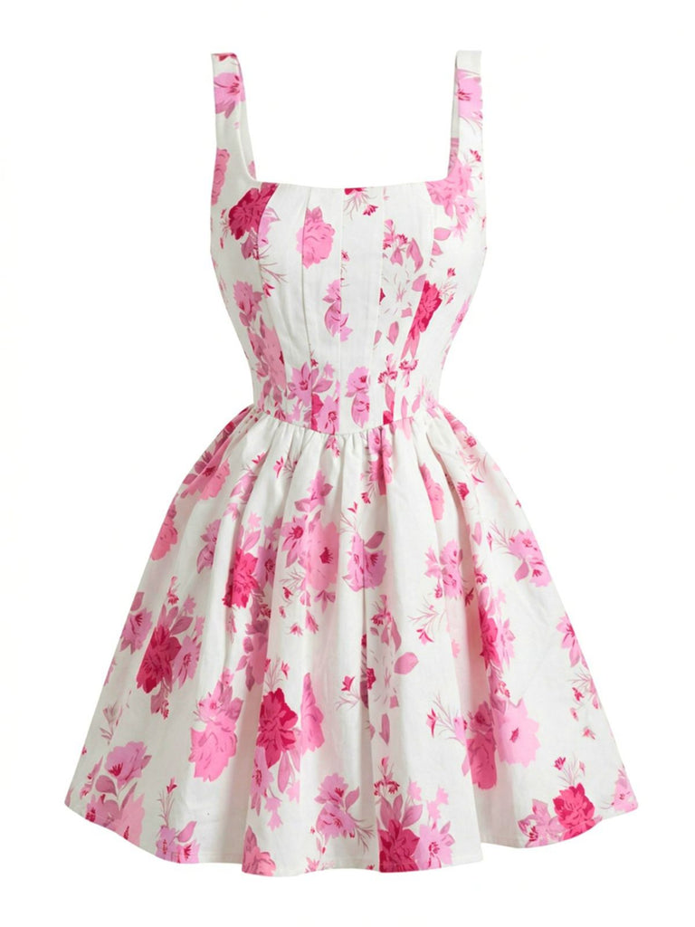 Robe mini sans manches col carré rose 1950s