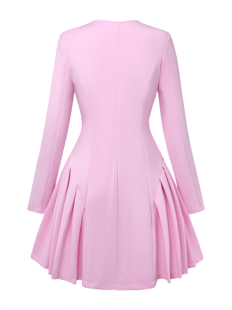 Robe Uni Plissée Manches Longues Col CœurAnnée 1950