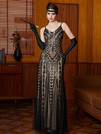Robe de soirée longue en résille à sequins noirs style Gatsby années 1920