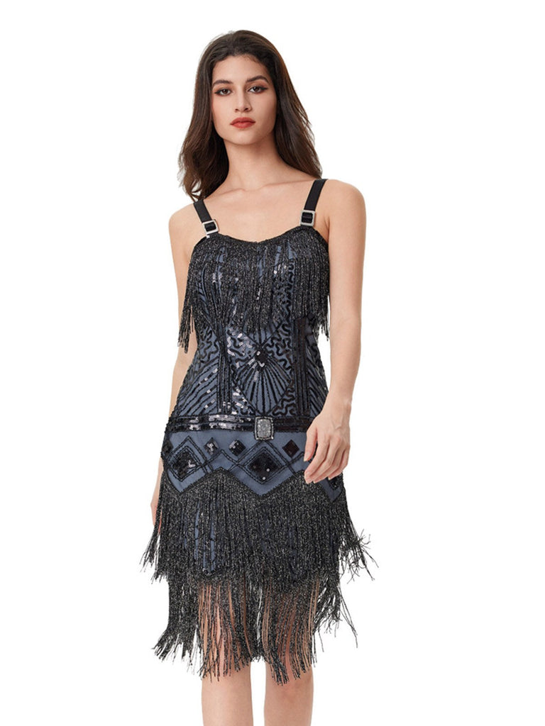 Robe nuisette bleu-gris à sequins et pompons ornée de perles années 1920