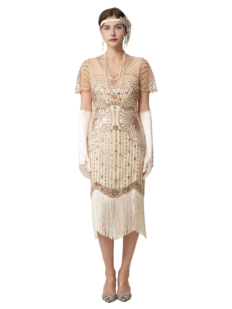 Robe Charleston à paillettes franges et perles des années 1920