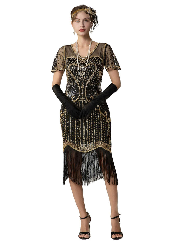 Robe Charleston à paillettes franges et perles des années 1920