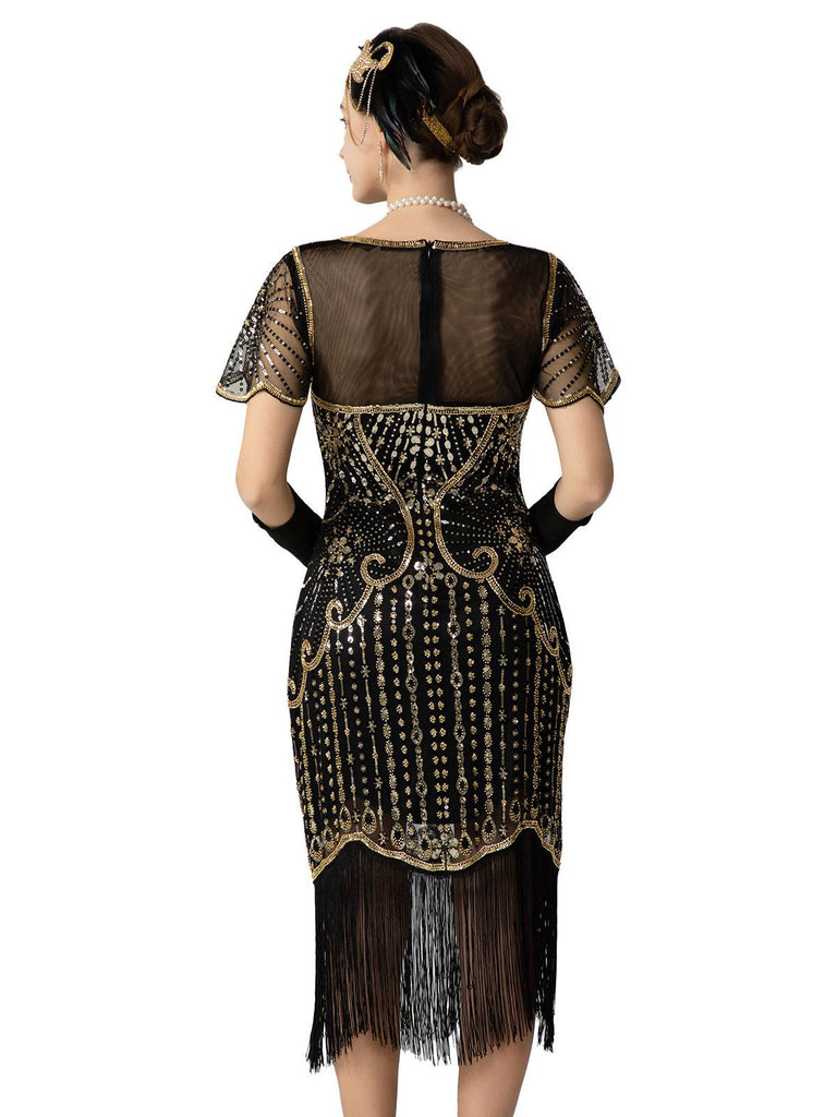 Robe Charleston à paillettes franges et perles des années 1920