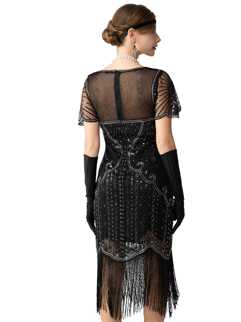 Robe Charleston à paillettes franges et perles des années 1920