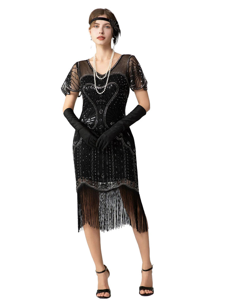 Robe Charleston à paillettes franges et perles des années 1920