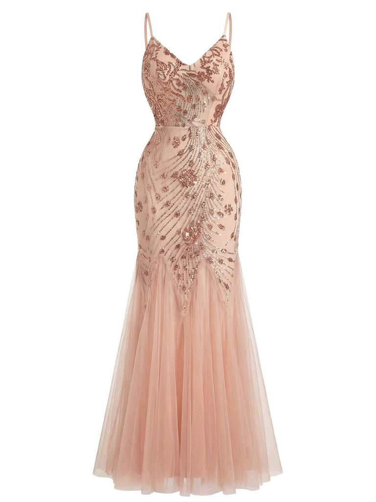 Robe de Soirée Sirène Beige en Résille à Sequins Dos Nu Années 1920